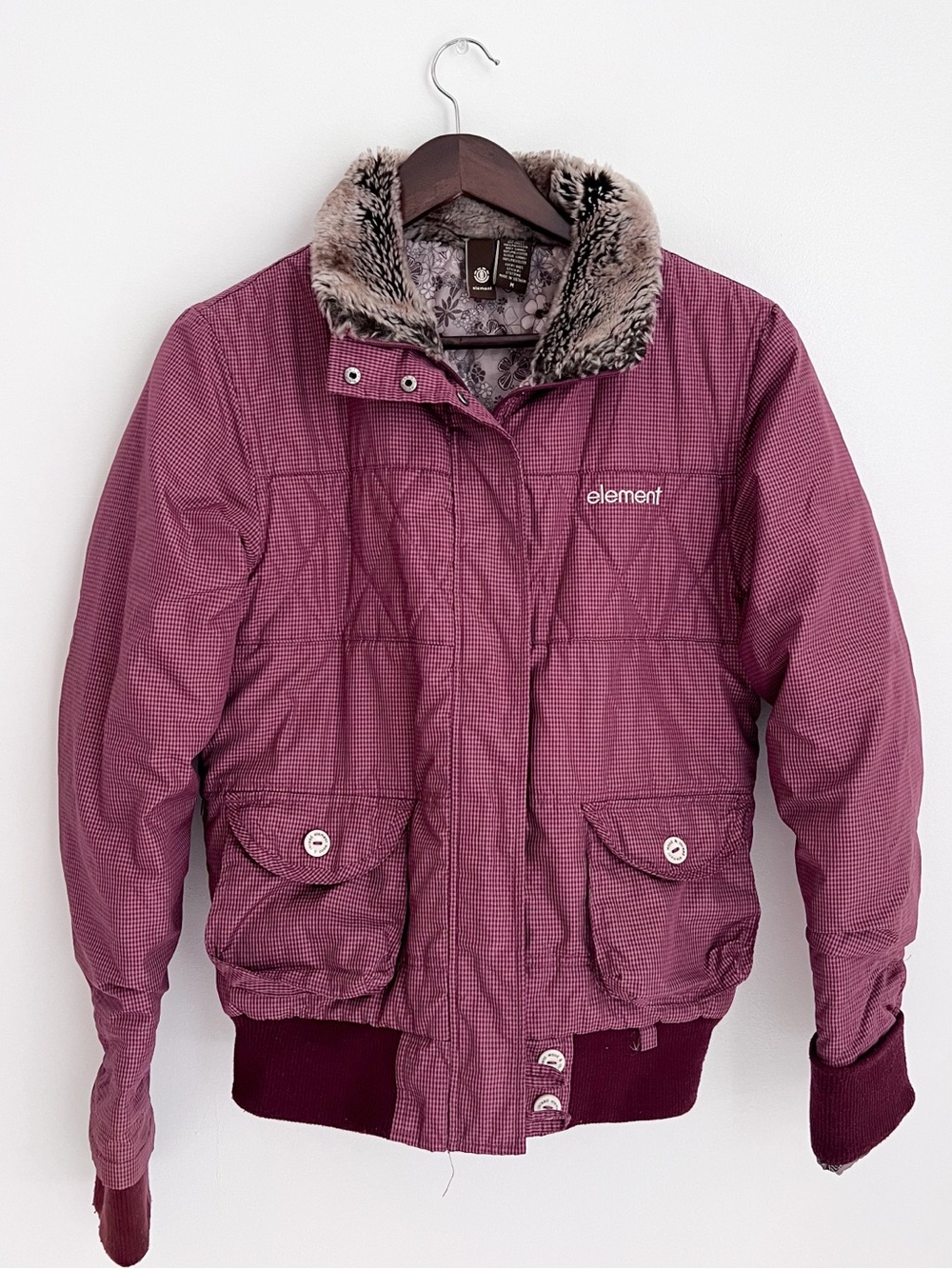 Element Women's Maroon Quilted Bomber Jacket with Faux Fur Collar